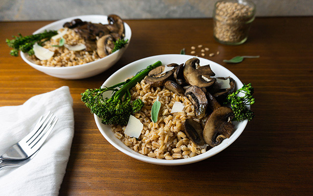 Farro, mushroom, and broccolini grain bowl