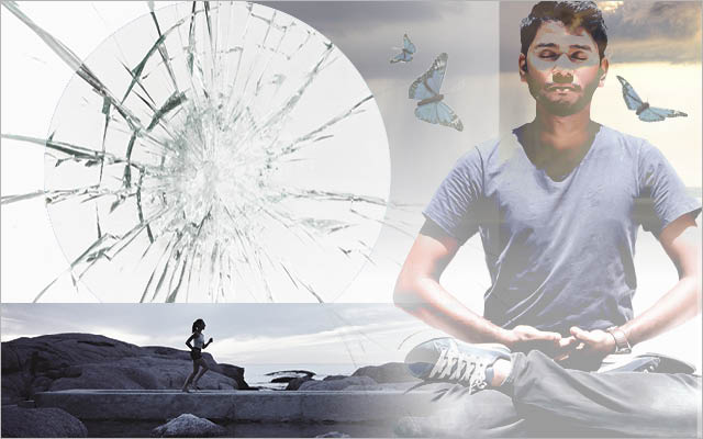 Collage broken glass and healthy lifestyle images