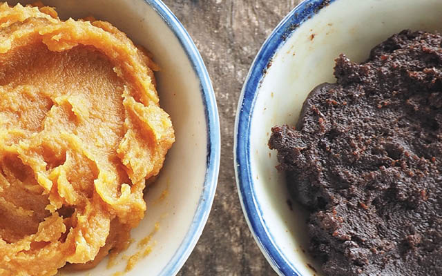 a bowl of golden miso and bowl of dark miso