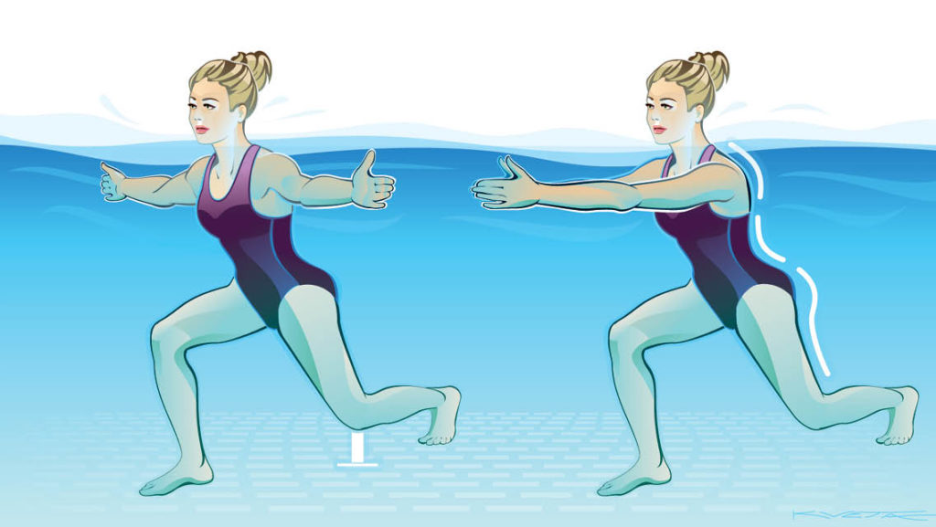 an illustration of a woman performing split stance fly in a pool