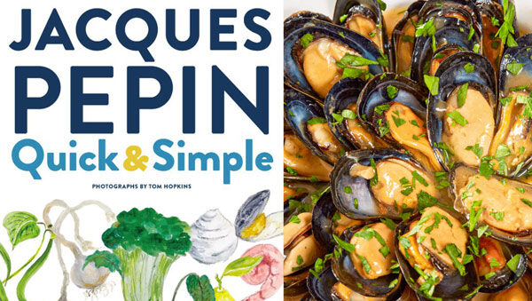 A side-by-side image of the cover of Jacques Pepin's new cookbook and a mussels dish