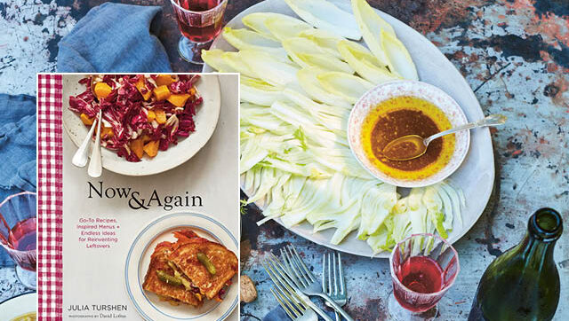 A picture of the cover of a cookbook called Now and Again and a plate of bagna cauda and vegetables