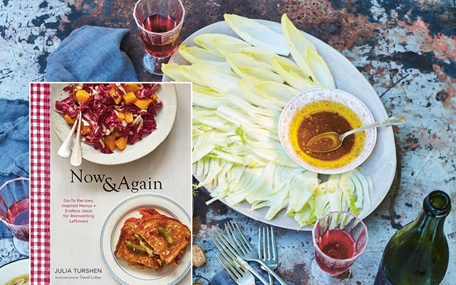 A picture of the cover of a cookbook called Now and Again and a plate of bagna cauda and vegetables