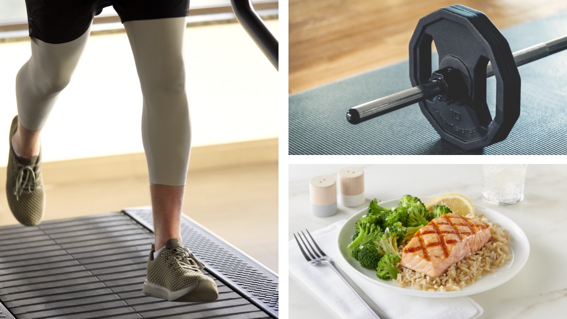 A collage of three images: a man's legs running on a treadmill, a barbell, and a plate of salmon, brown rice and broccoli.