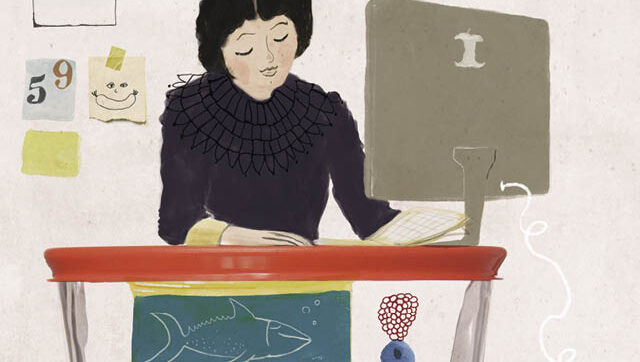 Illustration of woman at computer in kitchen