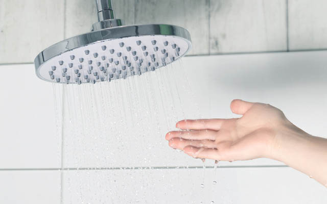 a hand catches water under a showerhead