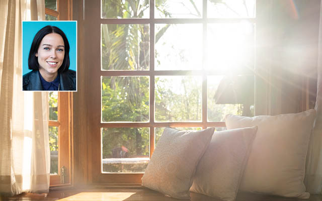 headshot of Eve Lewis Prieto set in image of window seat with sun streaming in