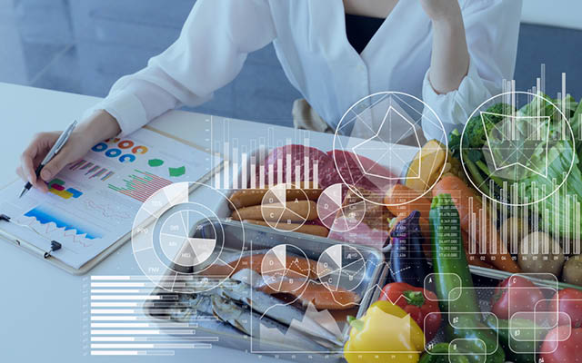 composite of woman with graphs sitting next to healthy foods