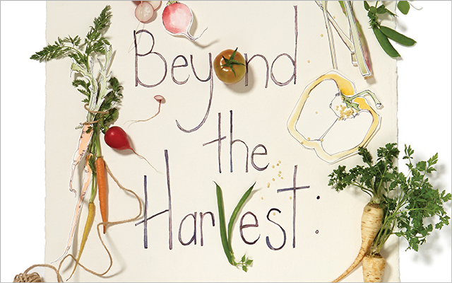 A sign that says "Beyond the Harvest" and has many plants attached to it
