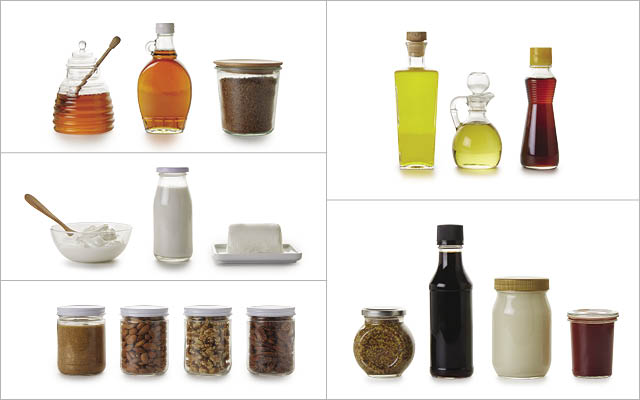 Bottles and jars filled with oils, sweeteners, nuts