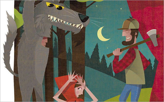 Illustration of riding hood, wolf, and lumberjack