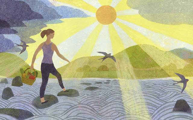 Illustration of woman walking over river
