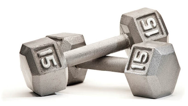 A pair of 15 lbs dumbbells