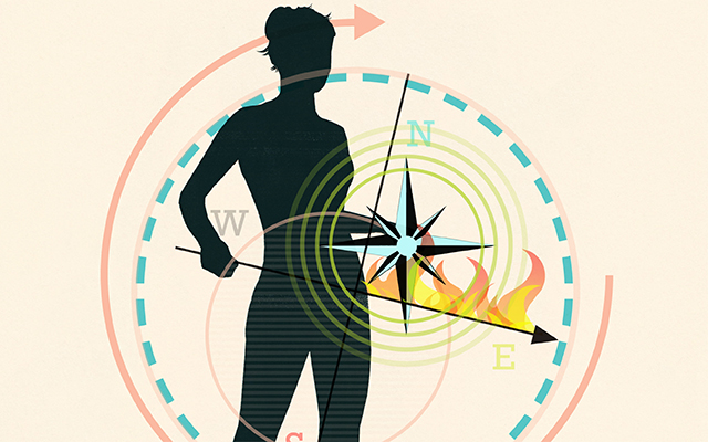 A menopausal-focused illustration showing a woman and arrows and a cycle