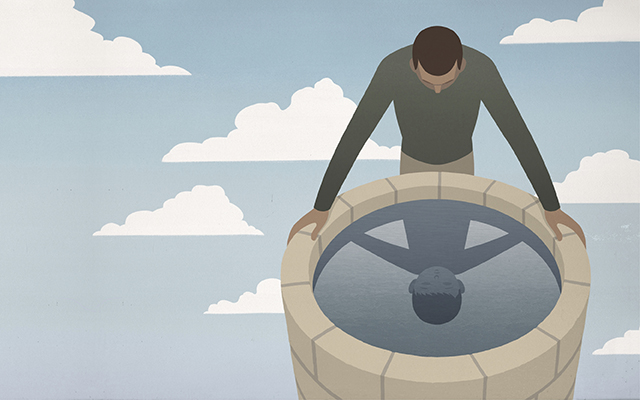 illustration of man looking into a well and seeing a childhood reflection