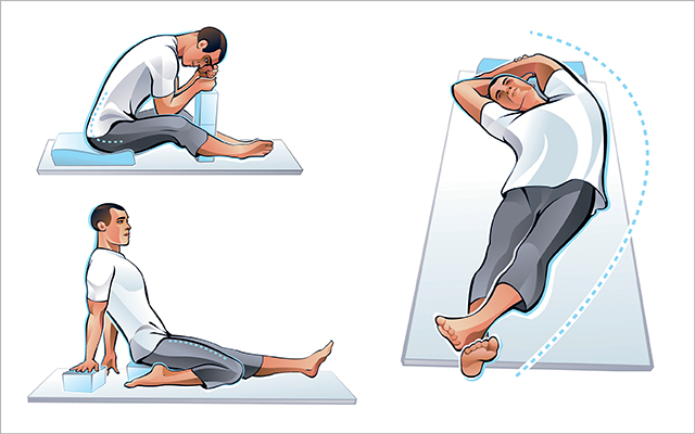 Three illustrations of a man doing yoga moves