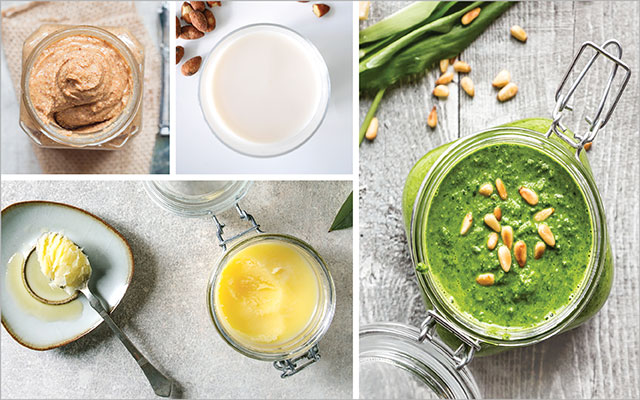 A collage of ghee, pesto, nut butter, and almond milk