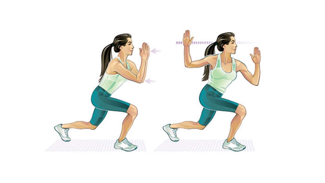 Illustration of a woman doing a lunge with high guard.