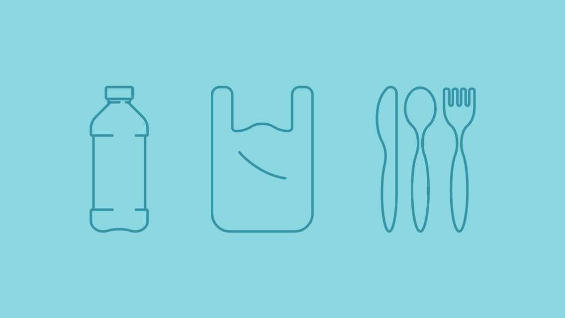 Illustration of a plastic water bottle, bag and silverware.