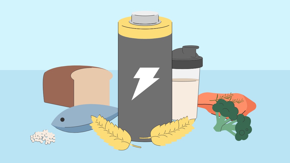 An illustration of macro-containing foods, including bread, fish, and a protein shake.