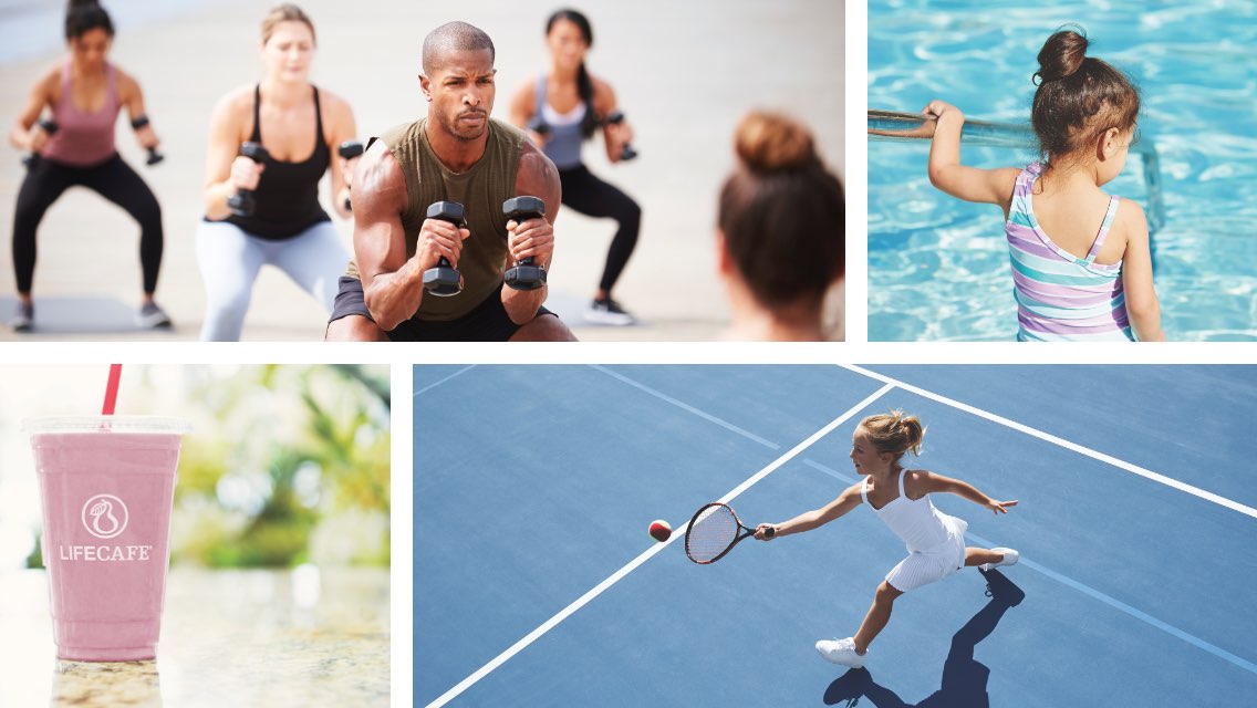 A compilation of activity images, including a kid in the pool, child playing tennis, adults in a fitness class, and a shake.