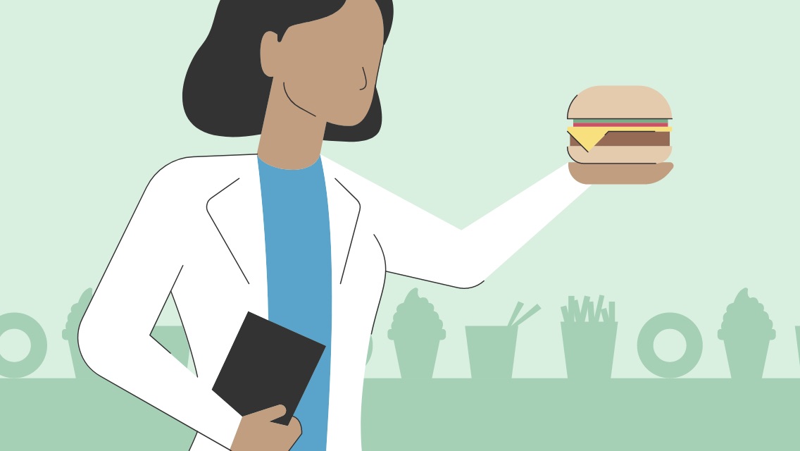 An illustration of a doctor holding up a hamburger.
