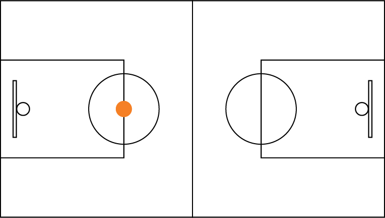 A diagram of a full basketball court with a dot marked on the free-throw line of one side.