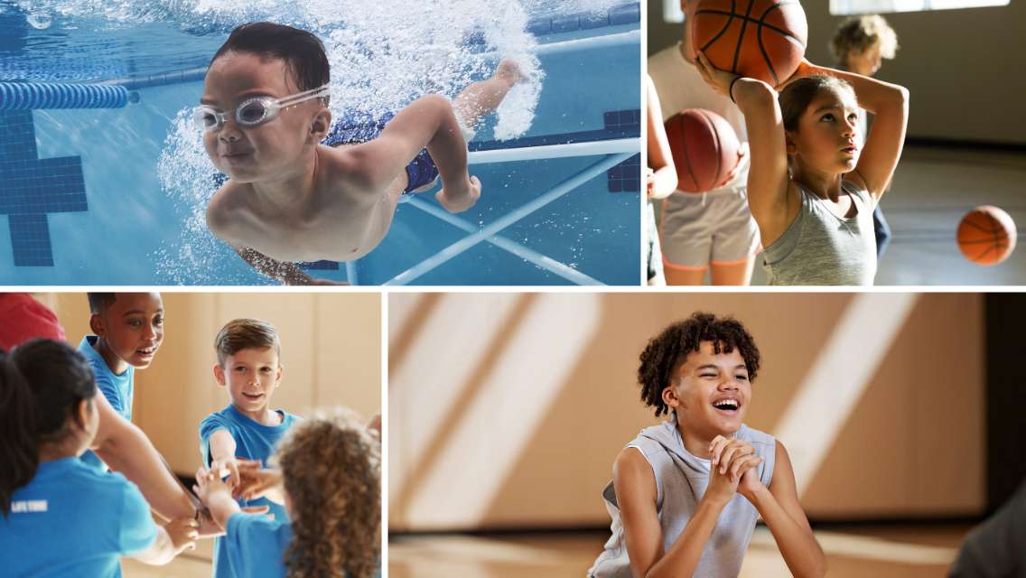 A collage of photos of kids participating in activities at Life Time, including swimming, playing basketball and exercising.