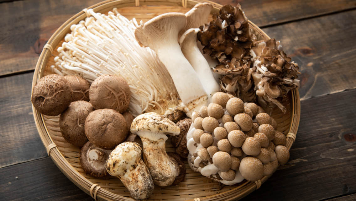 a rustic bowl with a variety of mushrooms