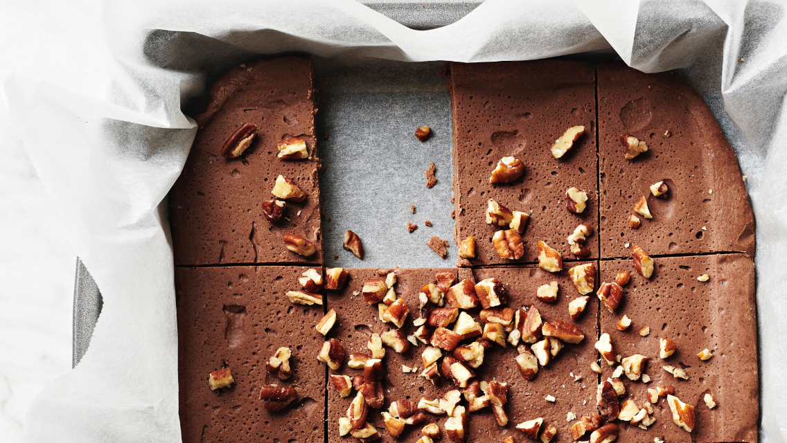 Rocky road protein squares in a baking pan.
