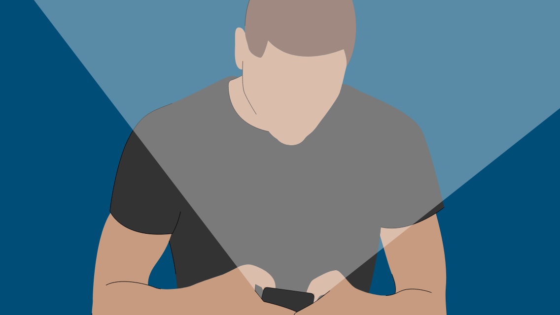 illustration of a man looking at his phone with light bouncing back into his face