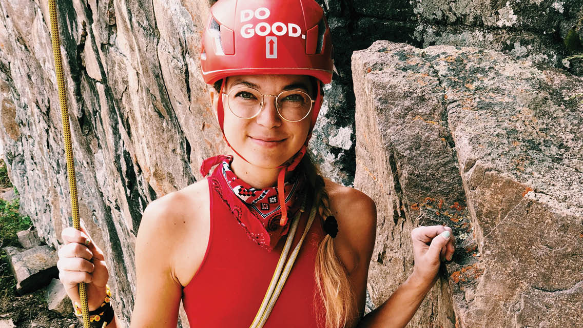 Katie Boue with rock climbing gear
