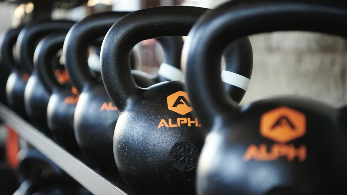 A row of kettlebells with an Alpha logo on them at a fitness facility.
