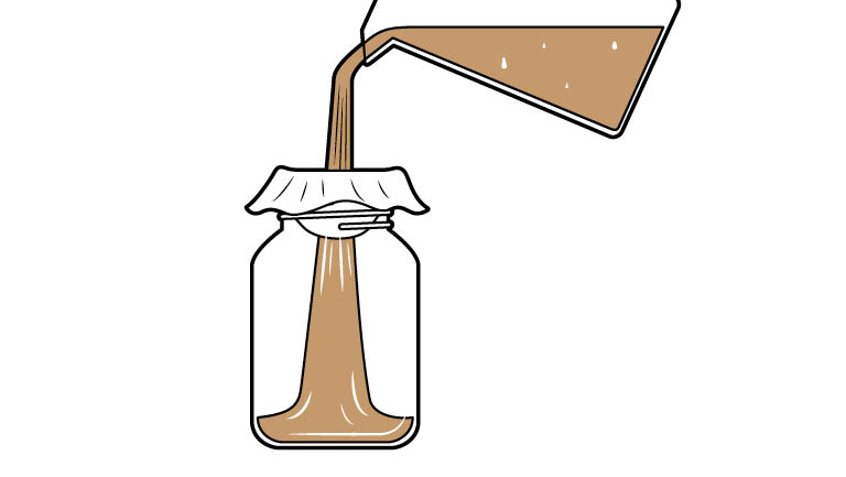 illustration of pitcher filled with cold brewed coffee being poured into a jar with a fabric/mesh cover