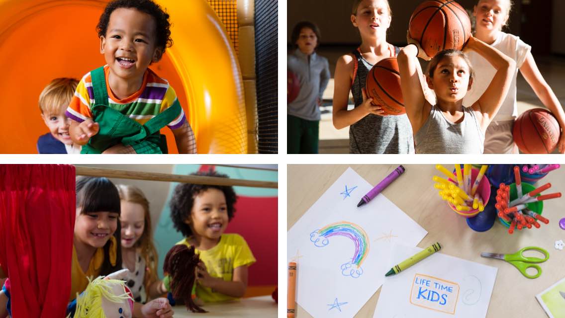 A compilation of four different images showing kids crafting and playing at Kids Academy.