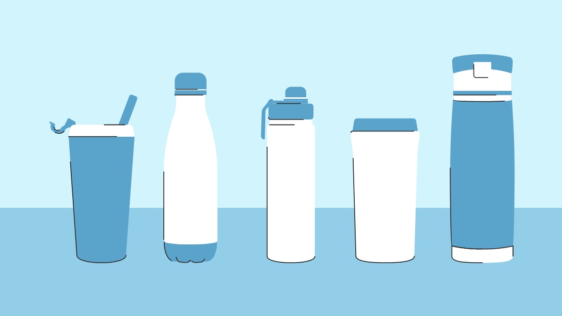 an illustration or various cup and water bottles