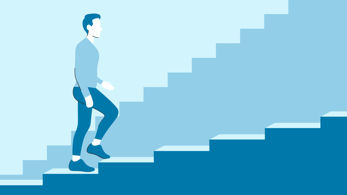 An illustration of a man walking up a staircase.
