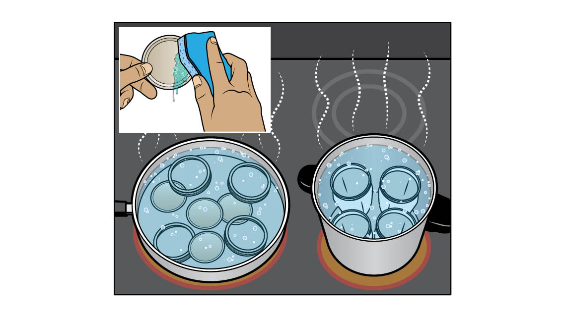 illustration cleaning a canning lid and boiling lids and jars