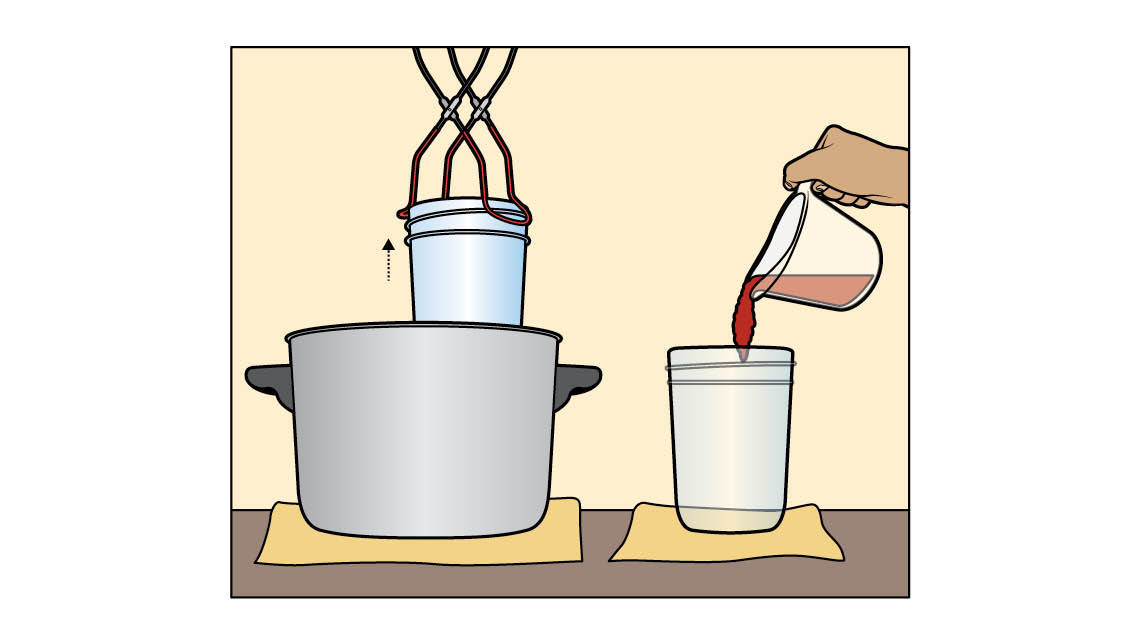 illustration taking a jar out of a pot and filling a can with red liquid