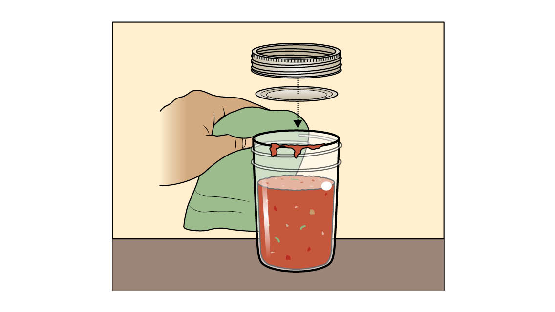 illustration cleaning a filled jar rim and the canning lids being put on