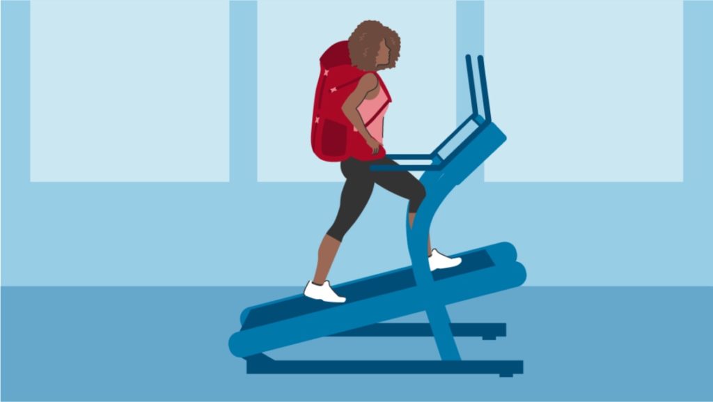 Illustration of a woman on a treadmill with a backpack on.