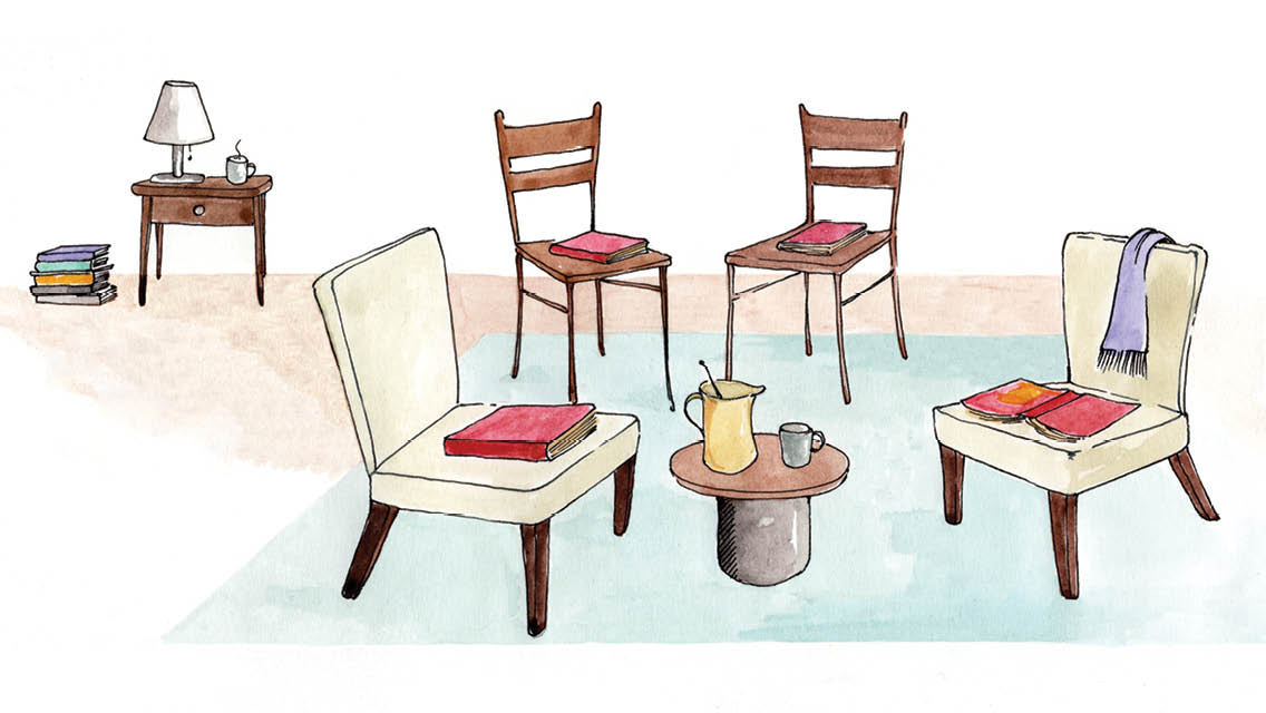 an illustration of chairs with books resting on the seats