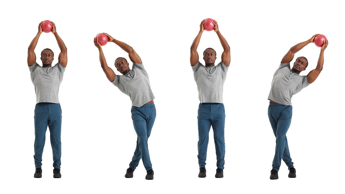 a man holds the various positions of stepping left, stepping right ab exercise