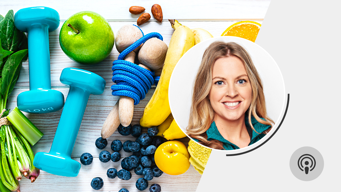 Coach Anika's headshot on a background image of various healthy foods and exercise equipment.