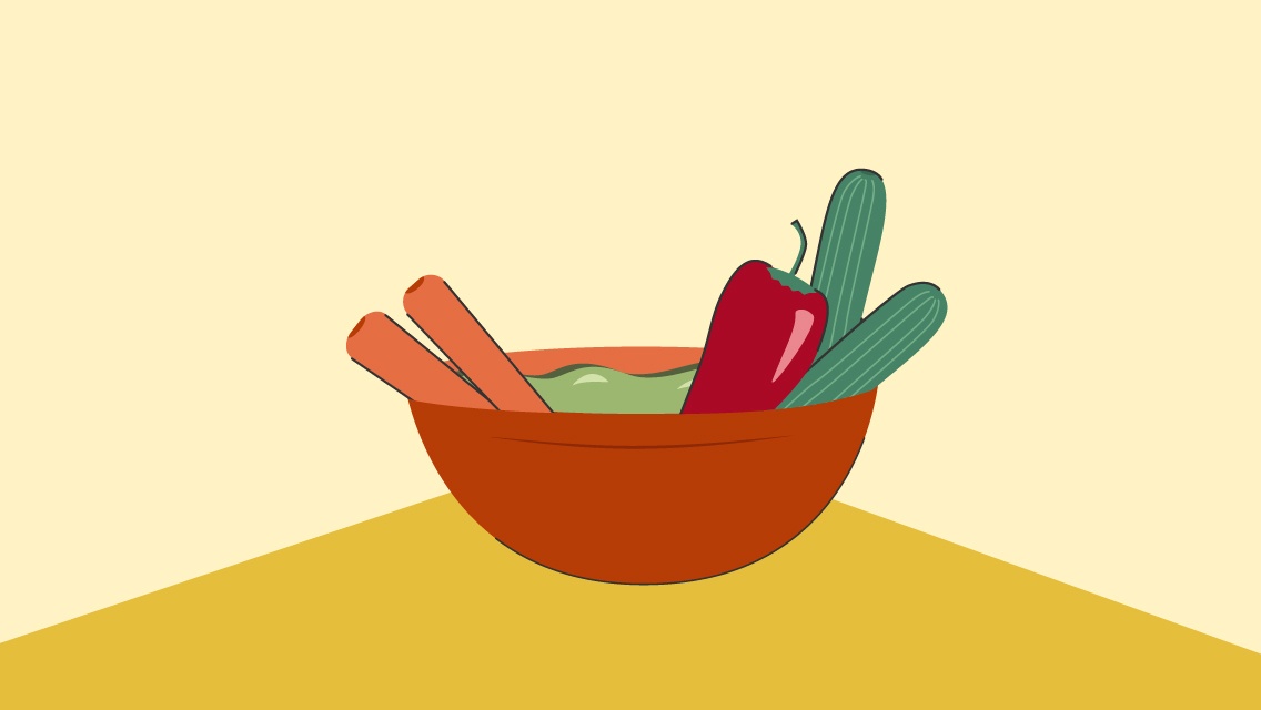 An illustration of a bowl of veggies and guacamole.