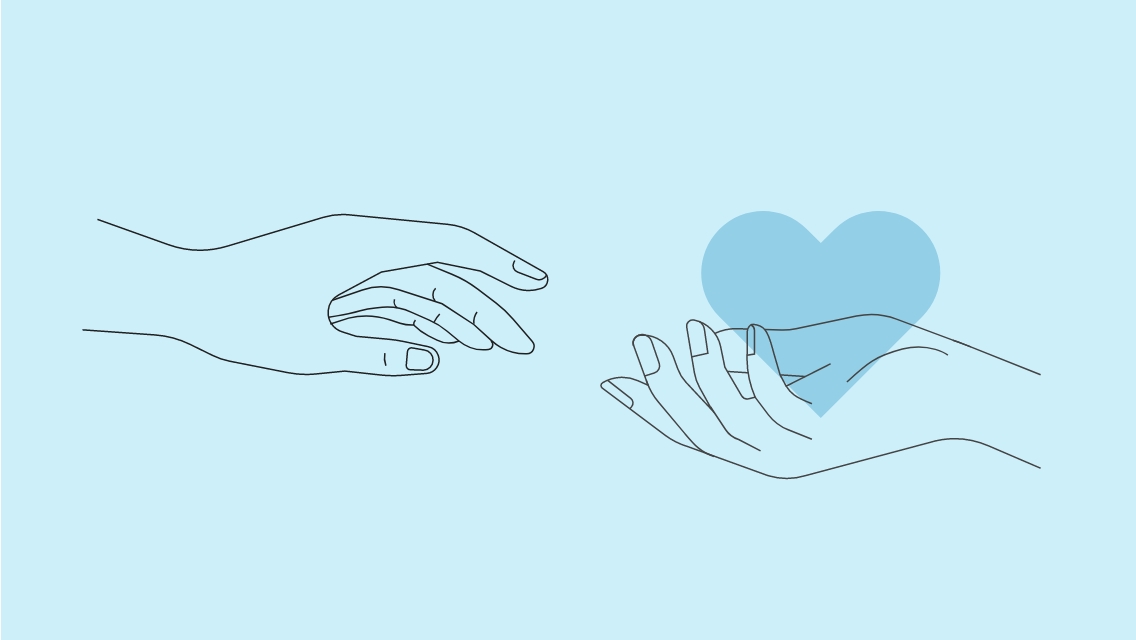 An illustration of two hands reaching for one another, with a heart placed in the palm of one of the hands.