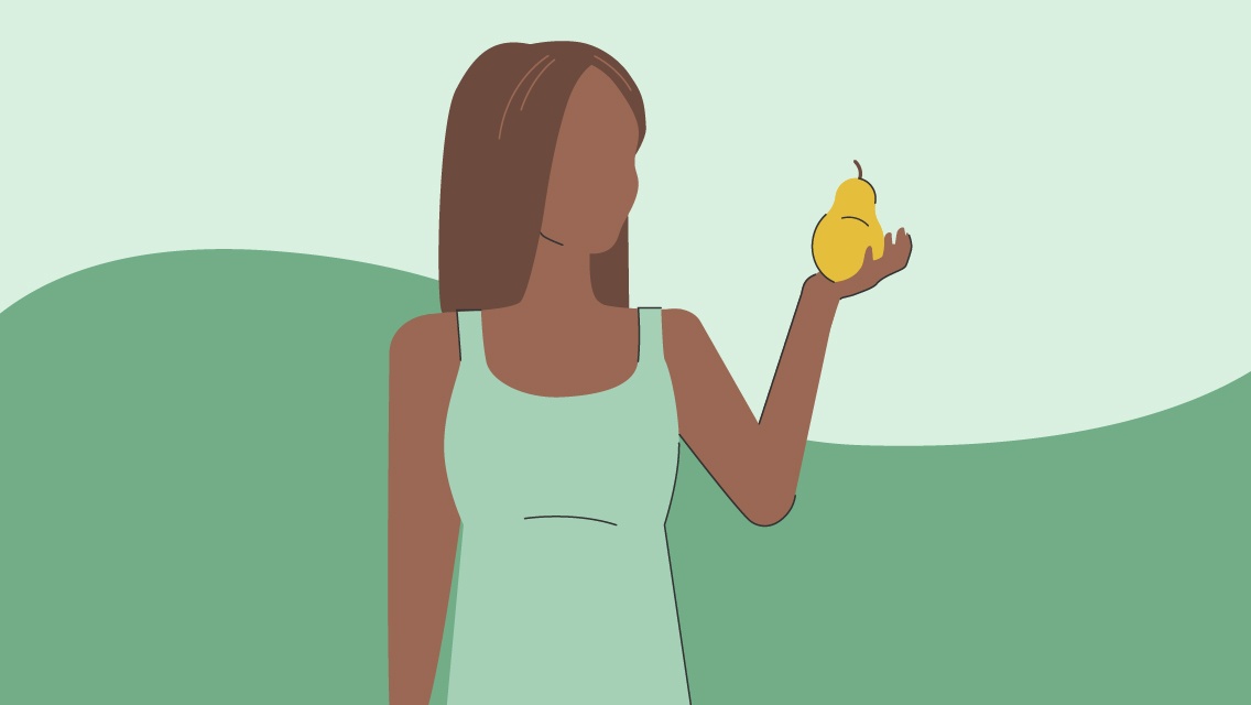 An illustration of a woman holding a pear.