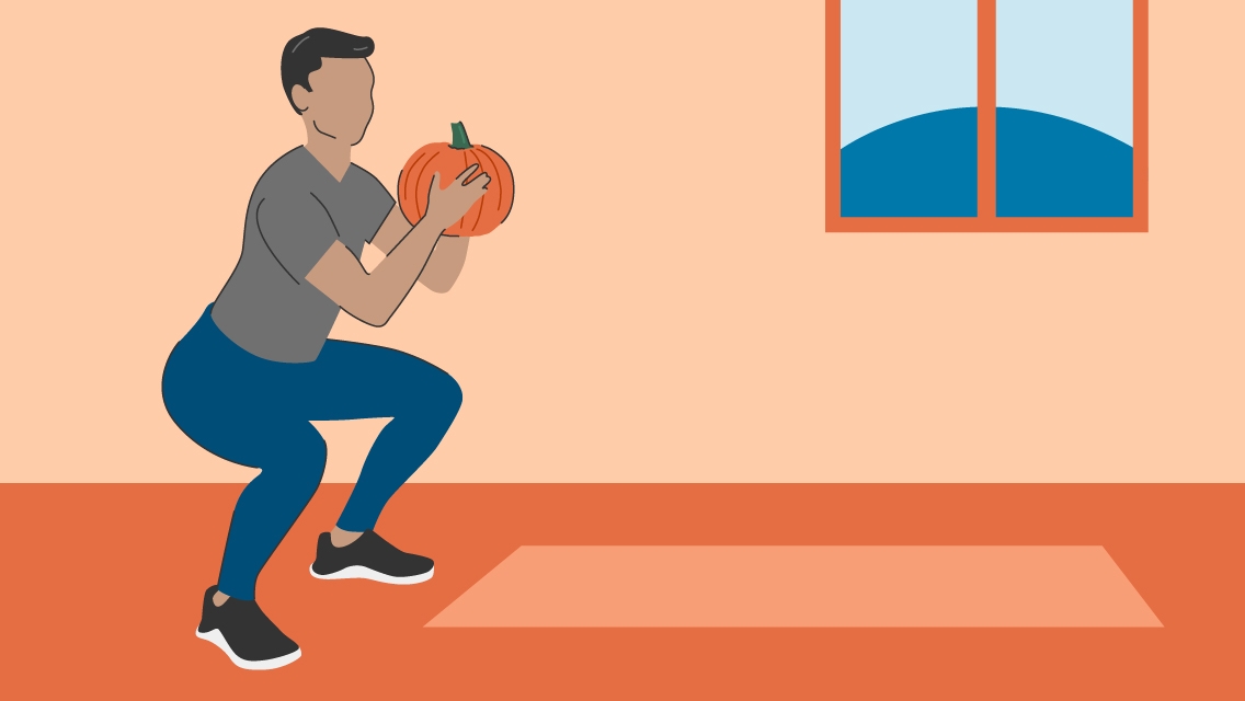 An illustration of a man doing a squat while holding a pumpkin.