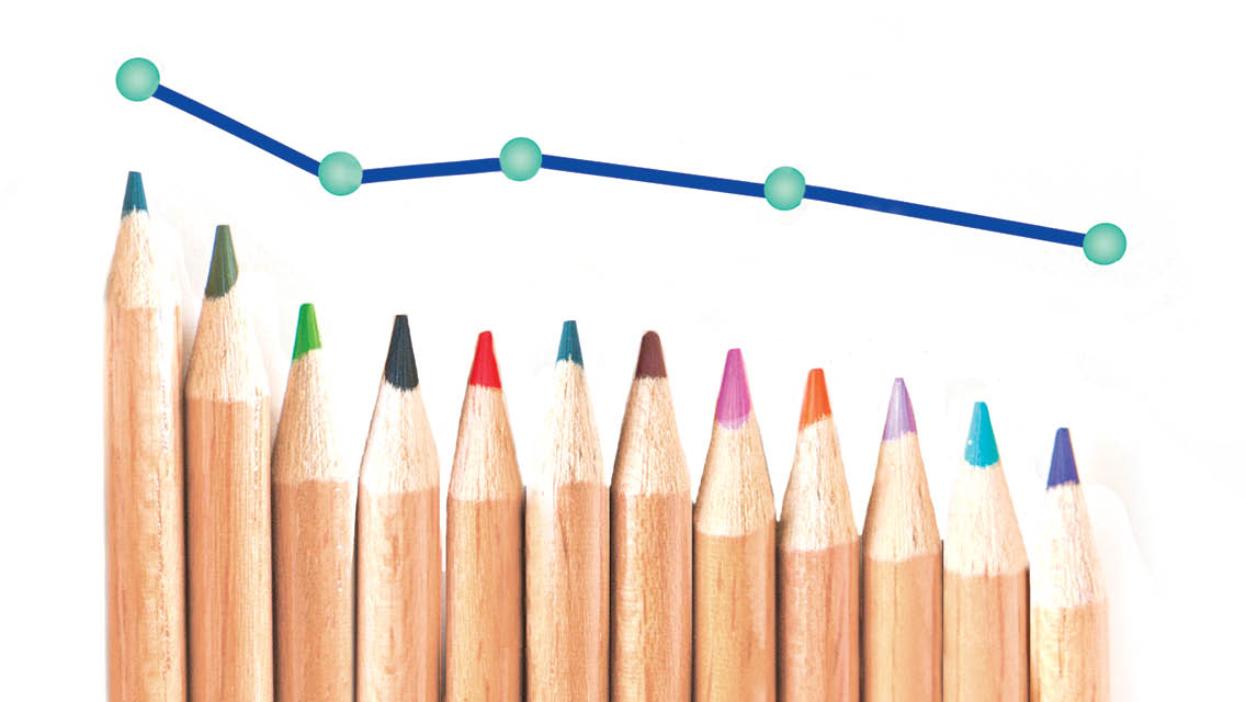 colored pencils of varying lengths with a line graph above