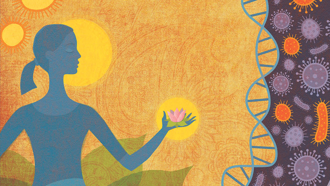 an illustration of a woman sitting cross legged with a lotus flower in her had and dna/cells